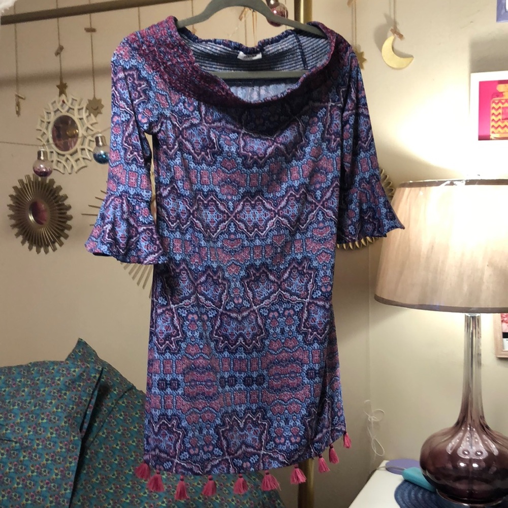 NWOT Cabana life pink and purple dress off the shoulders with pink tassels